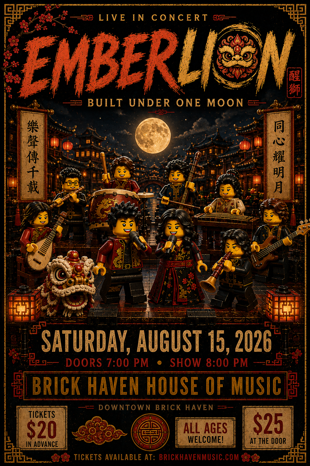 Emberlion - Built Under One Moon. Saturday, August 15, 2026. Doors 7:00 PM, Show 8:00 PM. Brick Haven House of Music.